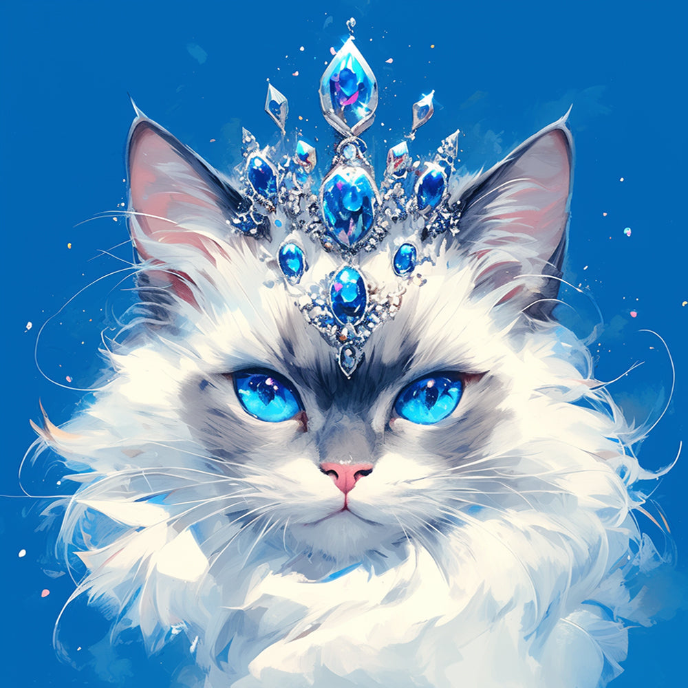 Weiße Katze, die eine Saphirkrone trägt Diamond Painting