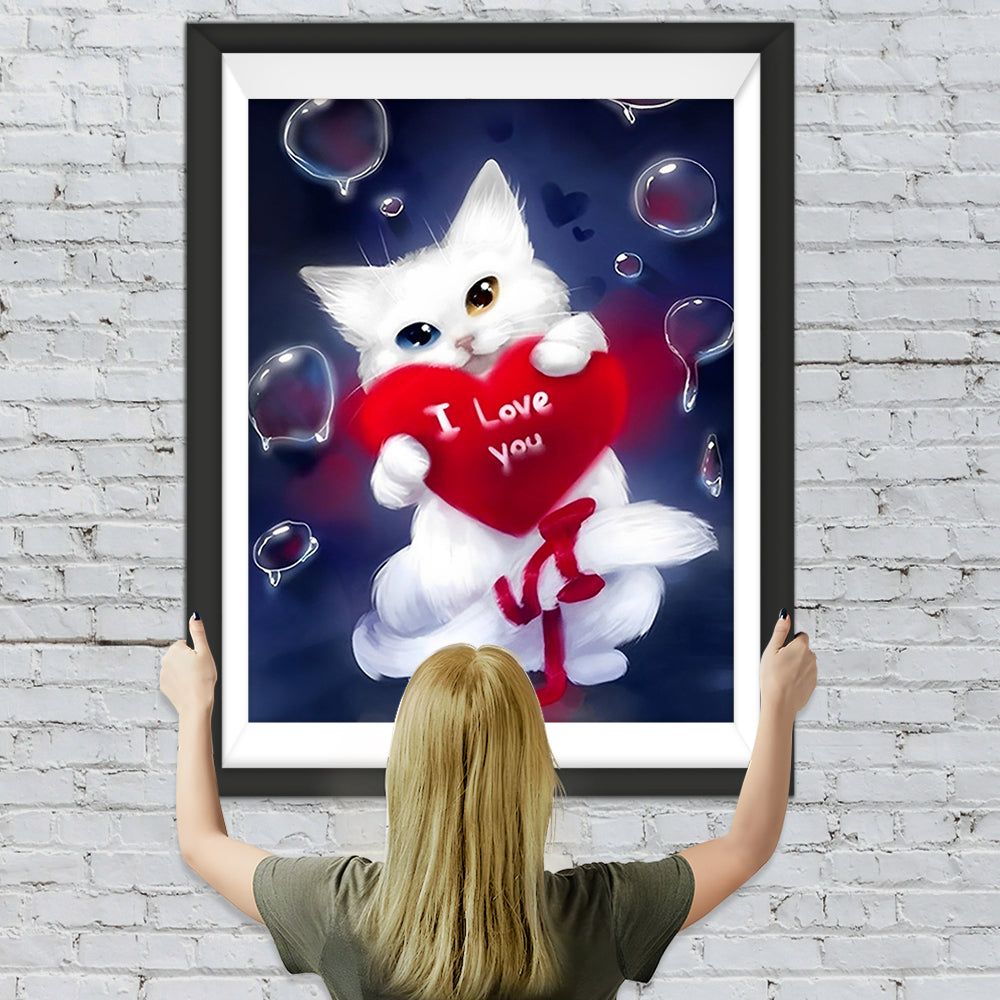 Weiße Katze mit rotem Herzen Diamond Painting