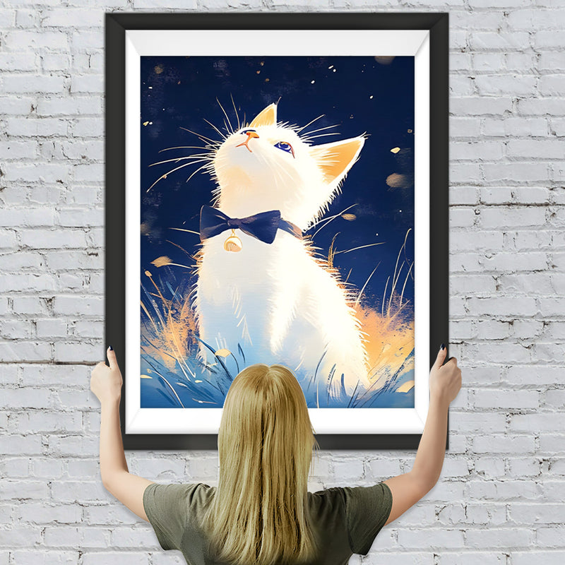Weiße Katze schaut in den Nachthimmel Diamond Painting