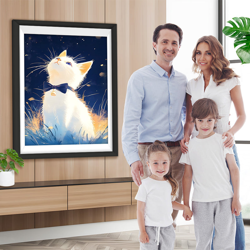 Weiße Katze schaut in den Nachthimmel Diamond Painting
