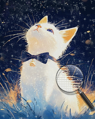 Weiße Katze schaut in den Nachthimmel Diamond Painting