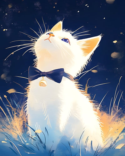 Weiße Katze schaut in den Nachthimmel Diamond Painting