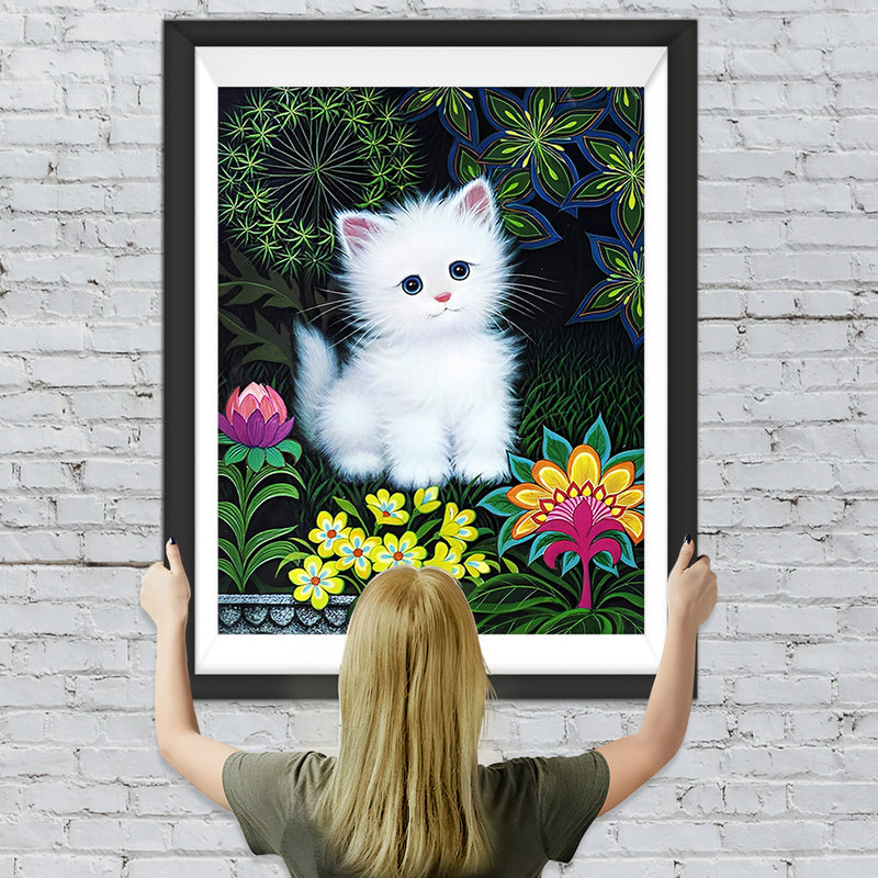 Weiße Katze und Blumen Diamond Painting