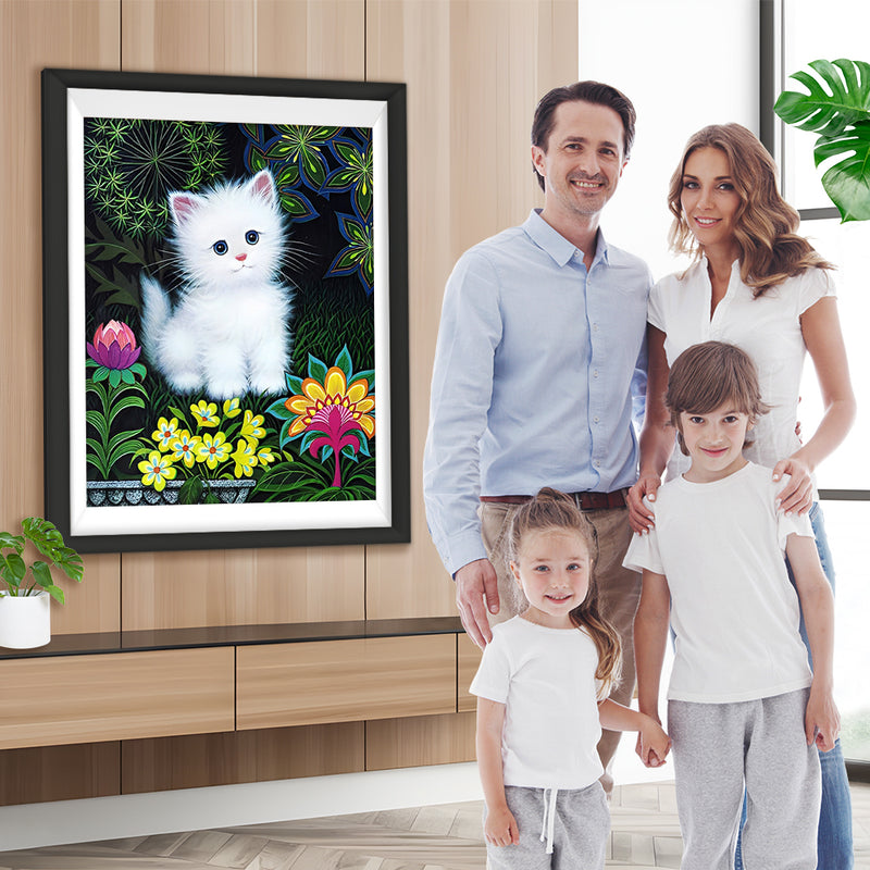 Weiße Katze und Blumen Diamond Painting