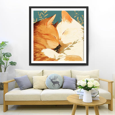 Weiße Katze und orangefarbene Katze schlafen zusammen Diamond Painting
