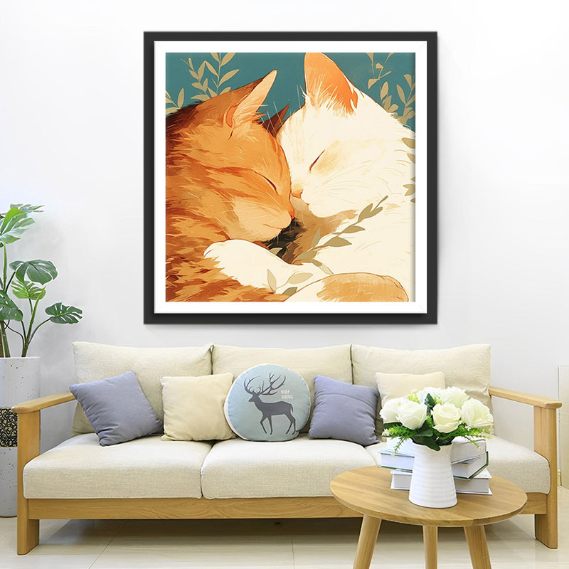 Weiße Katze und orangefarbene Katze schlafen zusammen Diamond Painting
