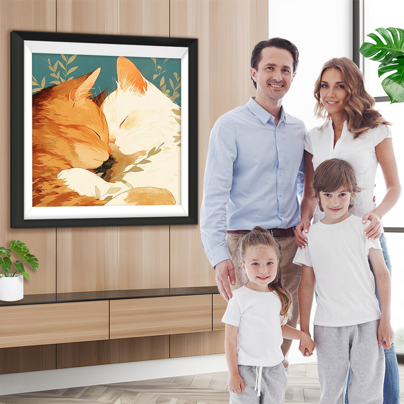 Weiße Katze und orangefarbene Katze schlafen zusammen Diamond Painting