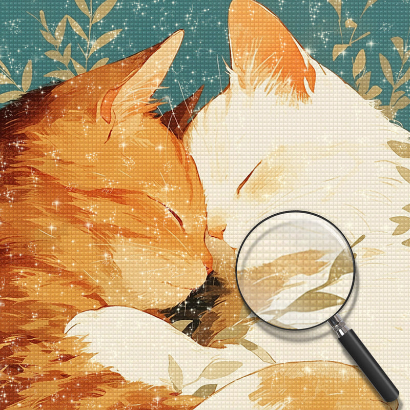 Weiße Katze und orangefarbene Katze schlafen zusammen Diamond Painting