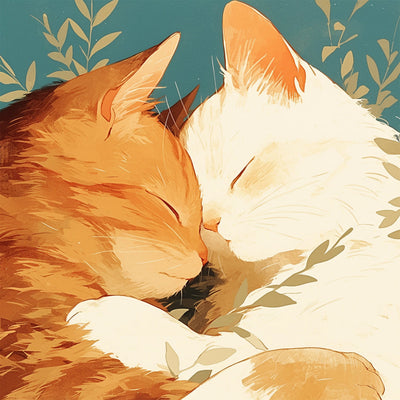 Weiße Katze und orangefarbene Katze schlafen zusammen Diamond Painting