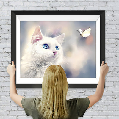 Weiße Katze und Schmetterling Diamond Painting