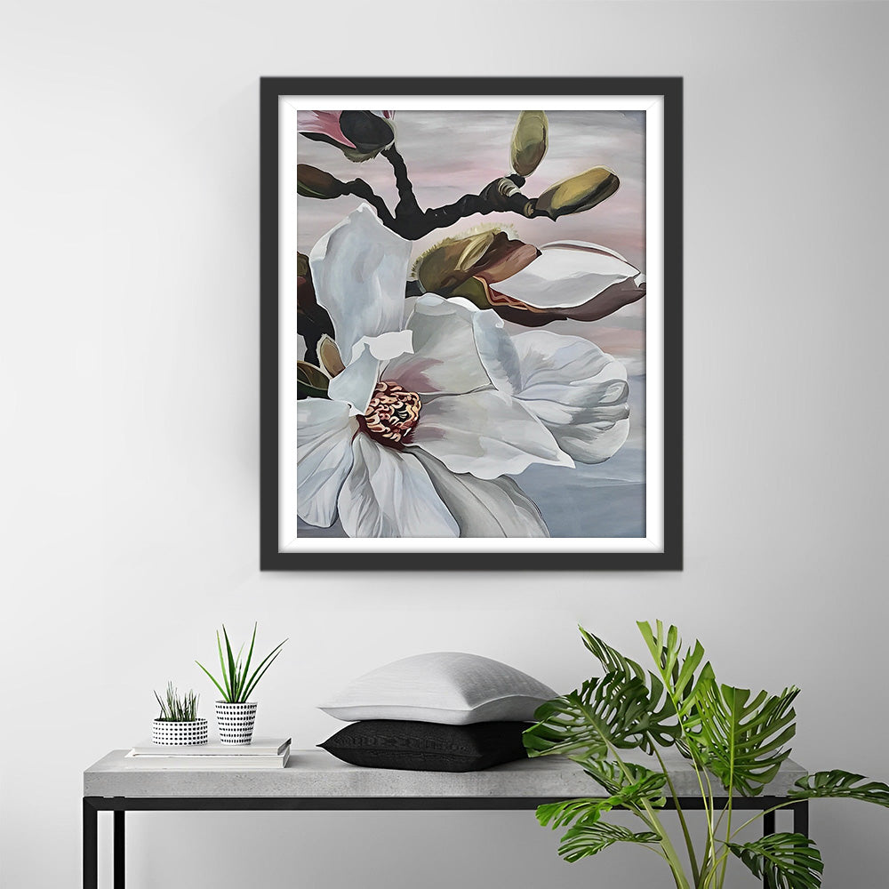 Weiße Magnolienblüten am Baum Diamond Painting