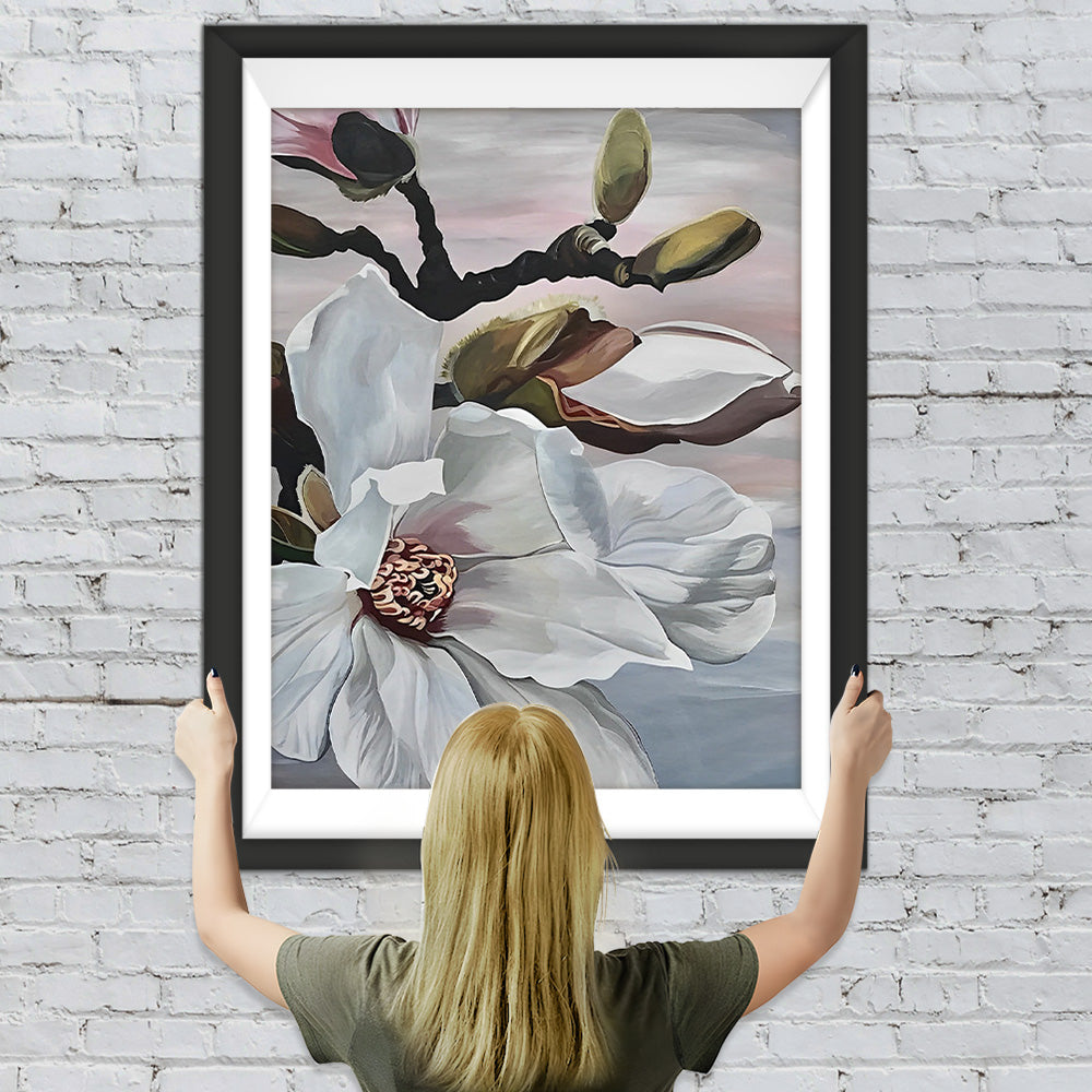 Weiße Magnolienblüten am Baum Diamond Painting