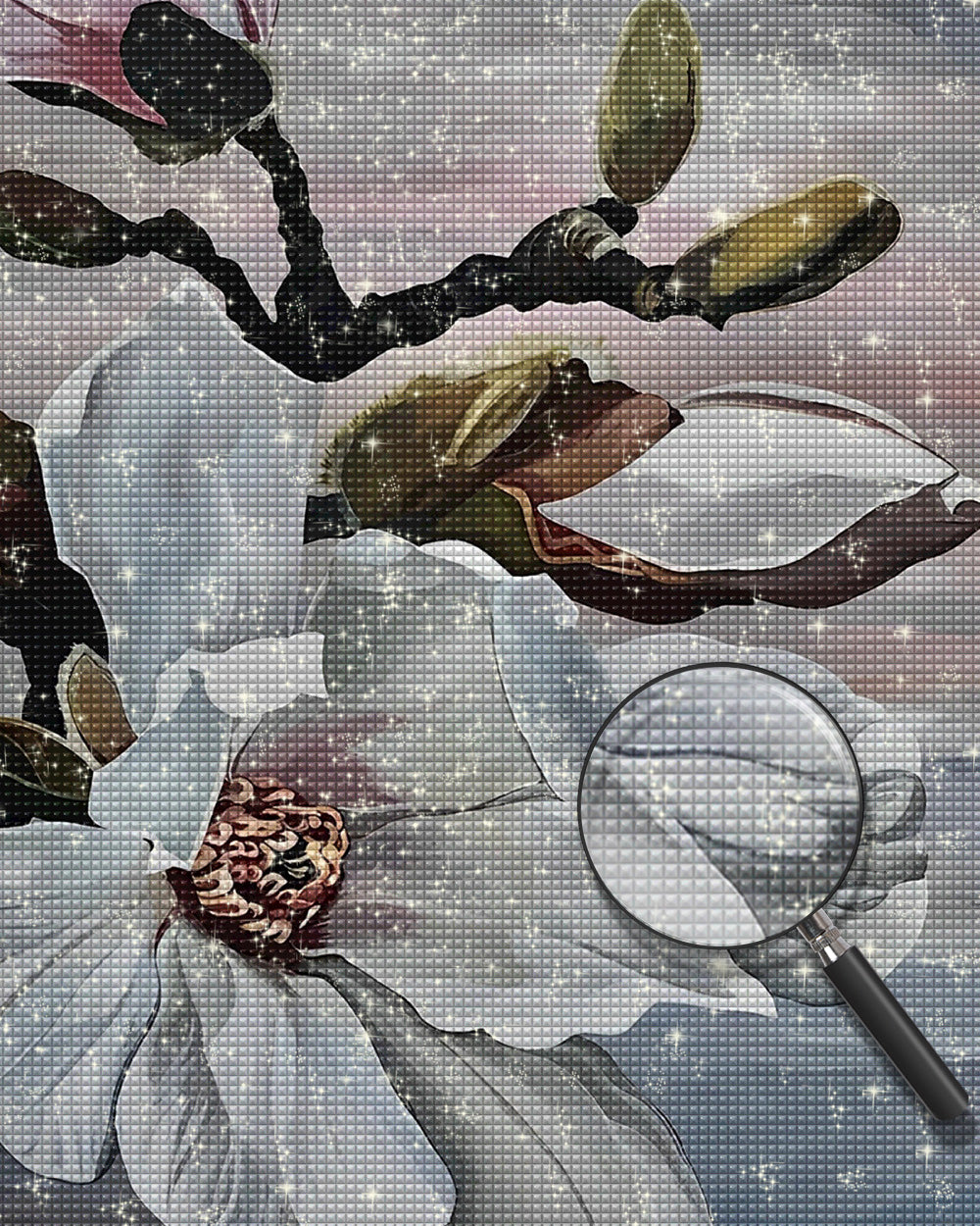 Weiße Magnolienblüten am Baum Diamond Painting