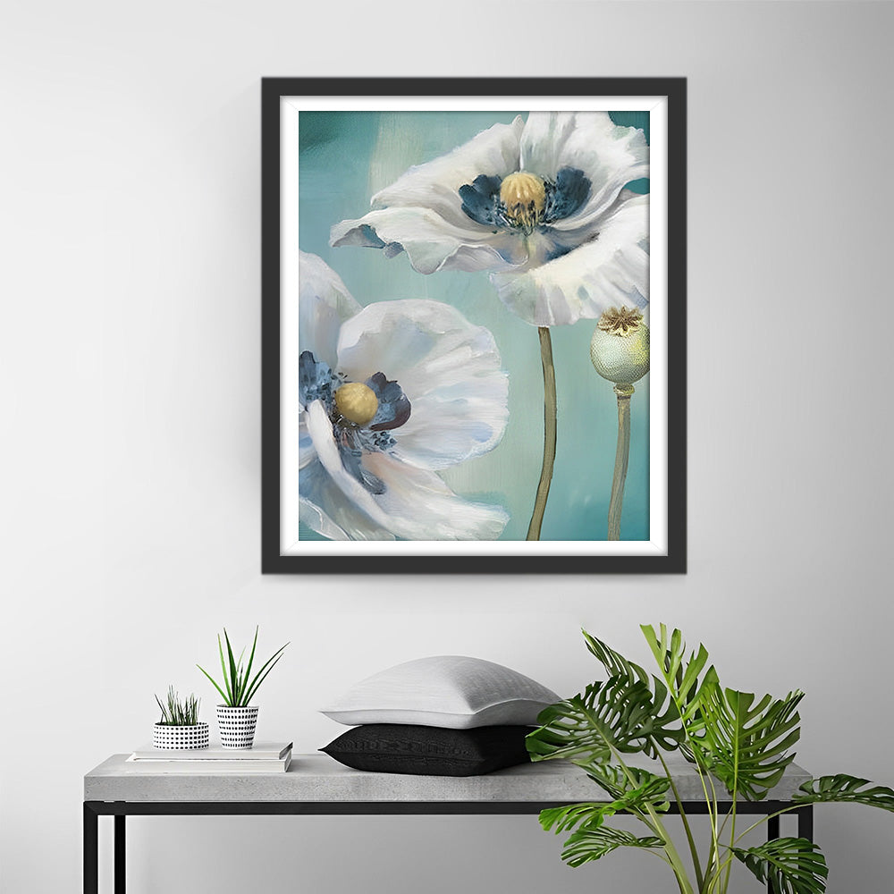 Weiße Mohnblumen und Knospen Diamond Painting