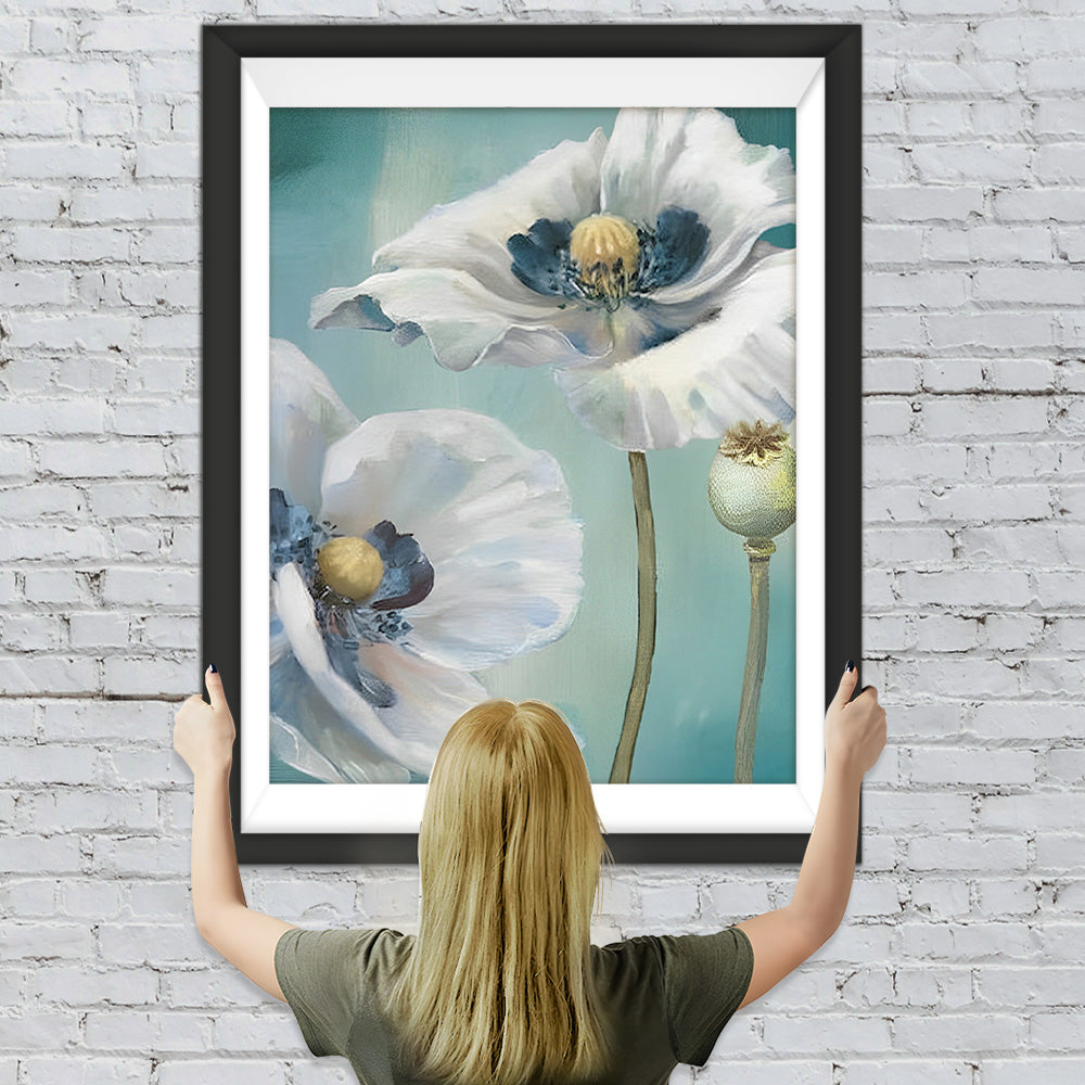 Weiße Mohnblumen und Knospen Diamond Painting