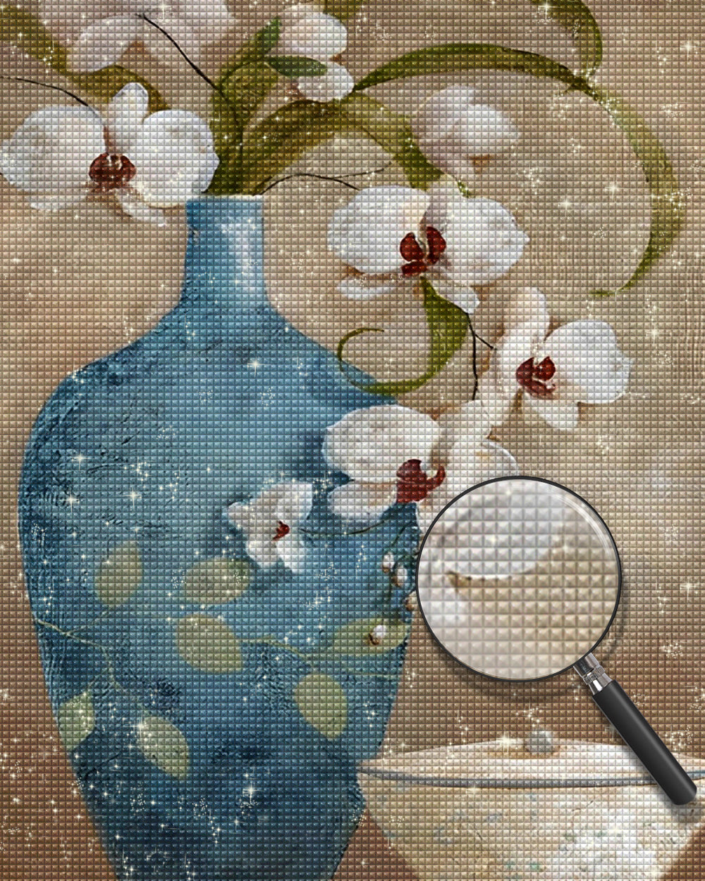Weiße Orchidee in pfauenblauer Vase Diamond Painting