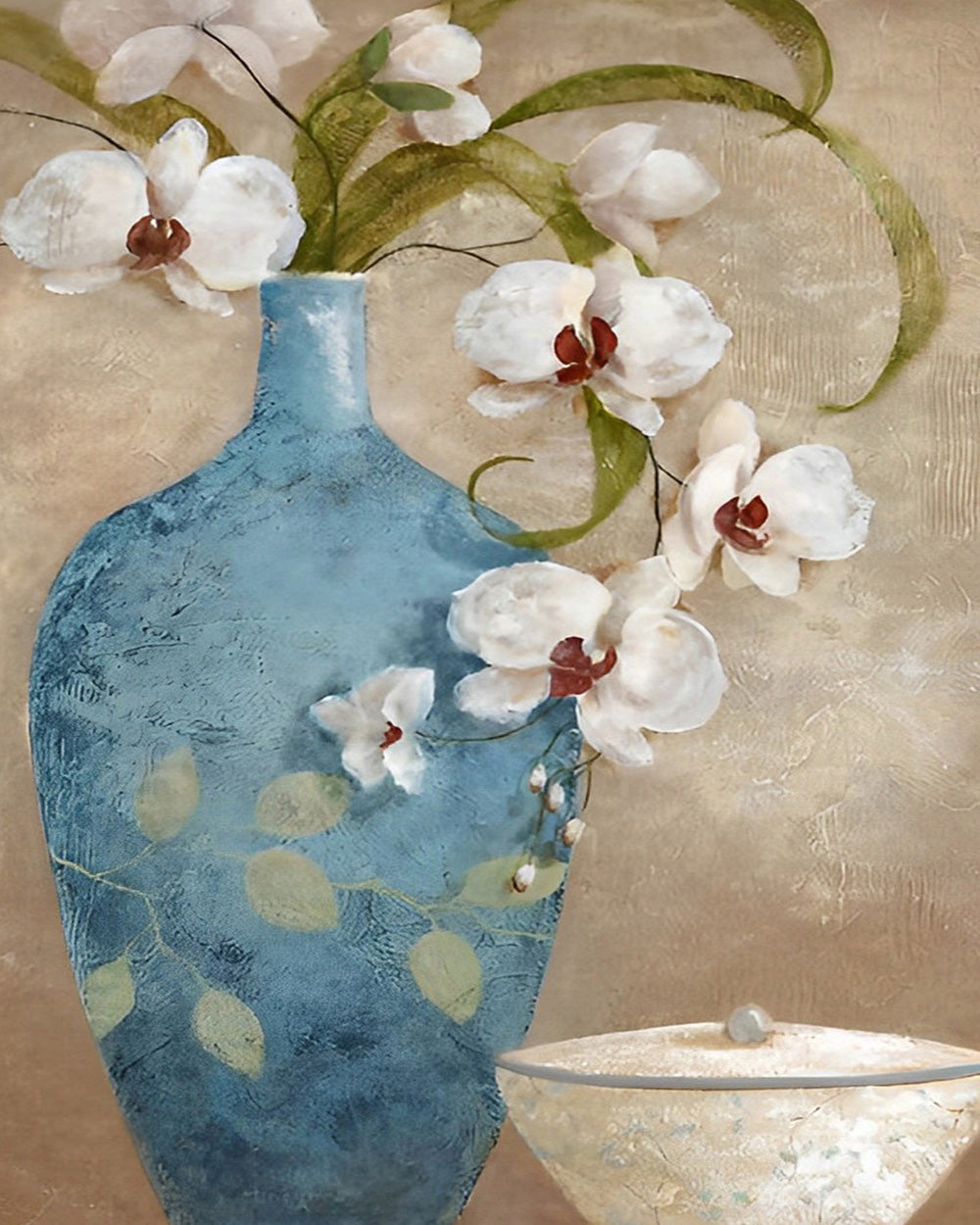 Weiße Orchidee in pfauenblauer Vase Diamond Painting