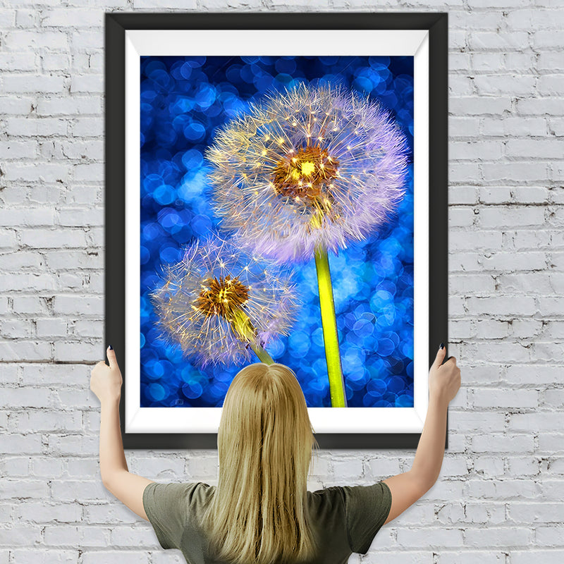 Weiße Pusteblumen und blauer Hintergrund Diamond Painting