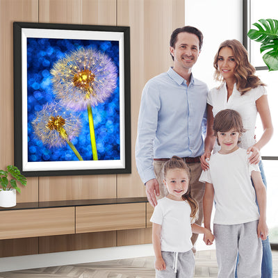 Weiße Pusteblumen und blauer Hintergrund Diamond Painting