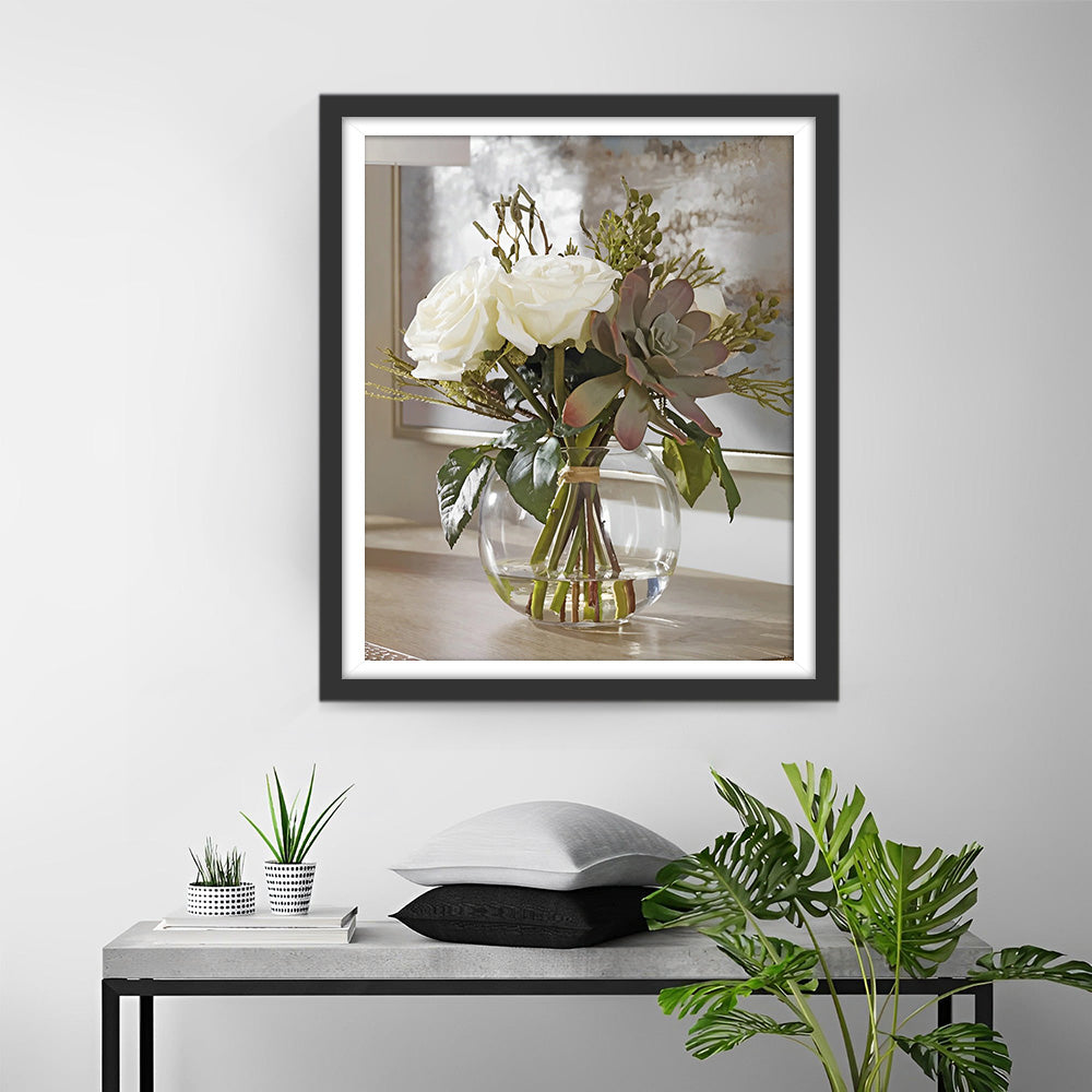 Weiße Rosen in Glasflasche Diamond Painting