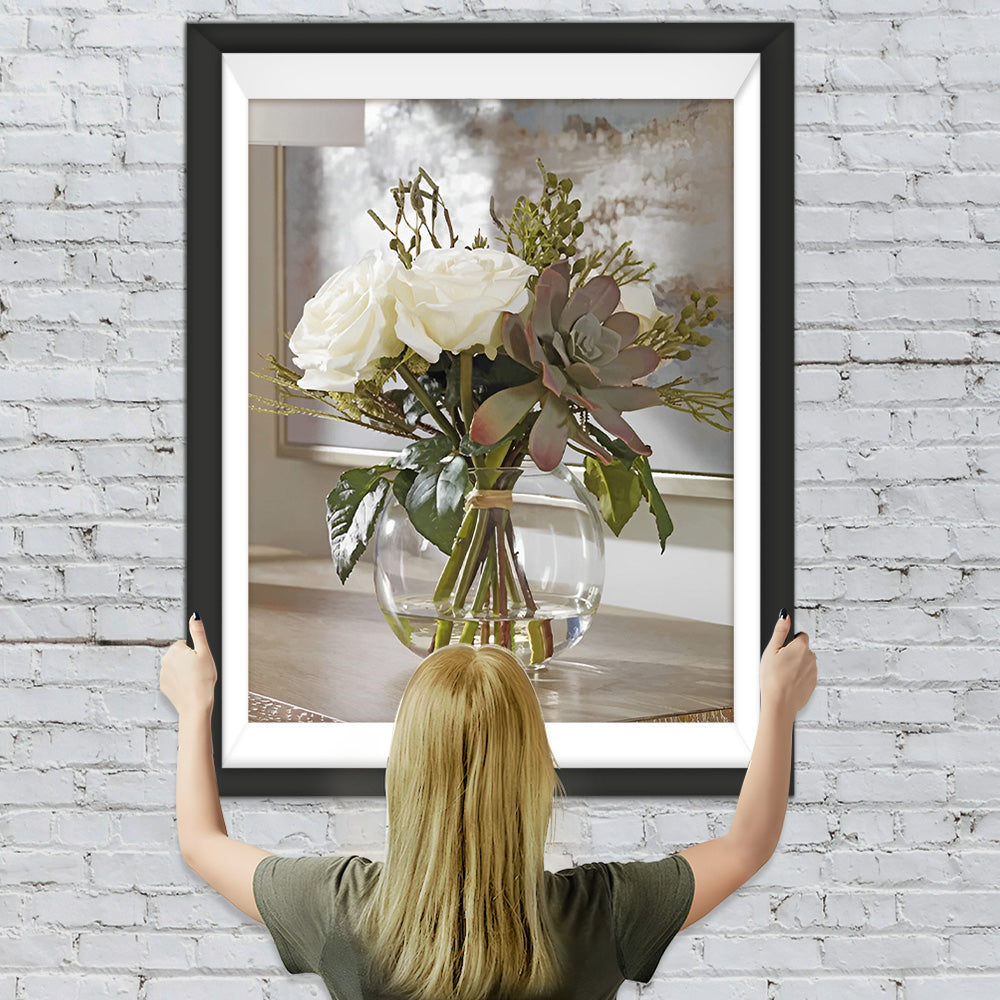 Weiße Rosen in Glasflasche Diamond Painting