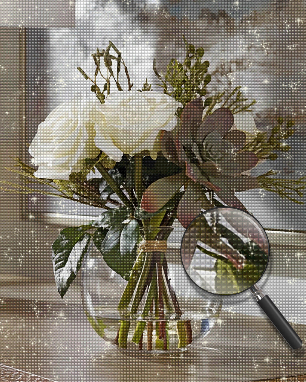 Weiße Rosen in Glasflasche Diamond Painting