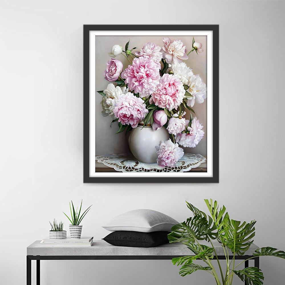 Weiße und rosa Pfingstrosen Diamond Painting