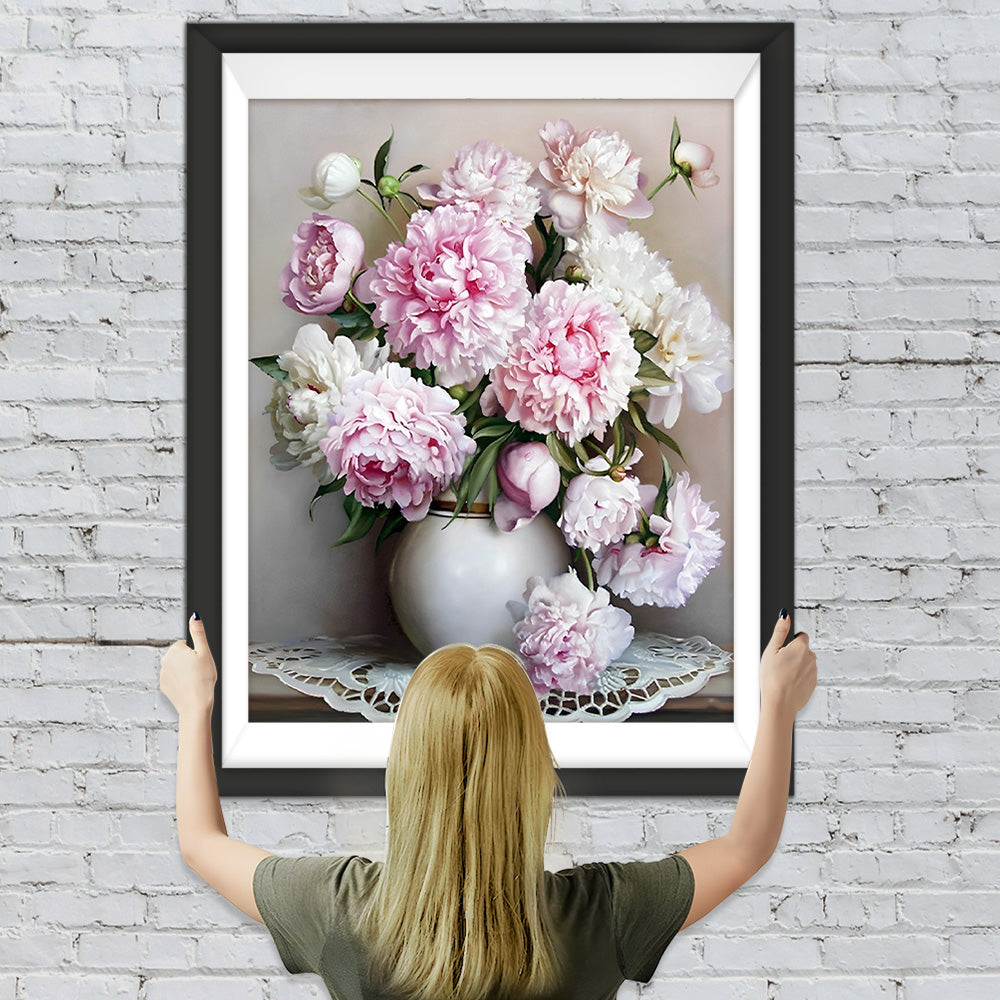 Weiße und rosa Pfingstrosen Diamond Painting