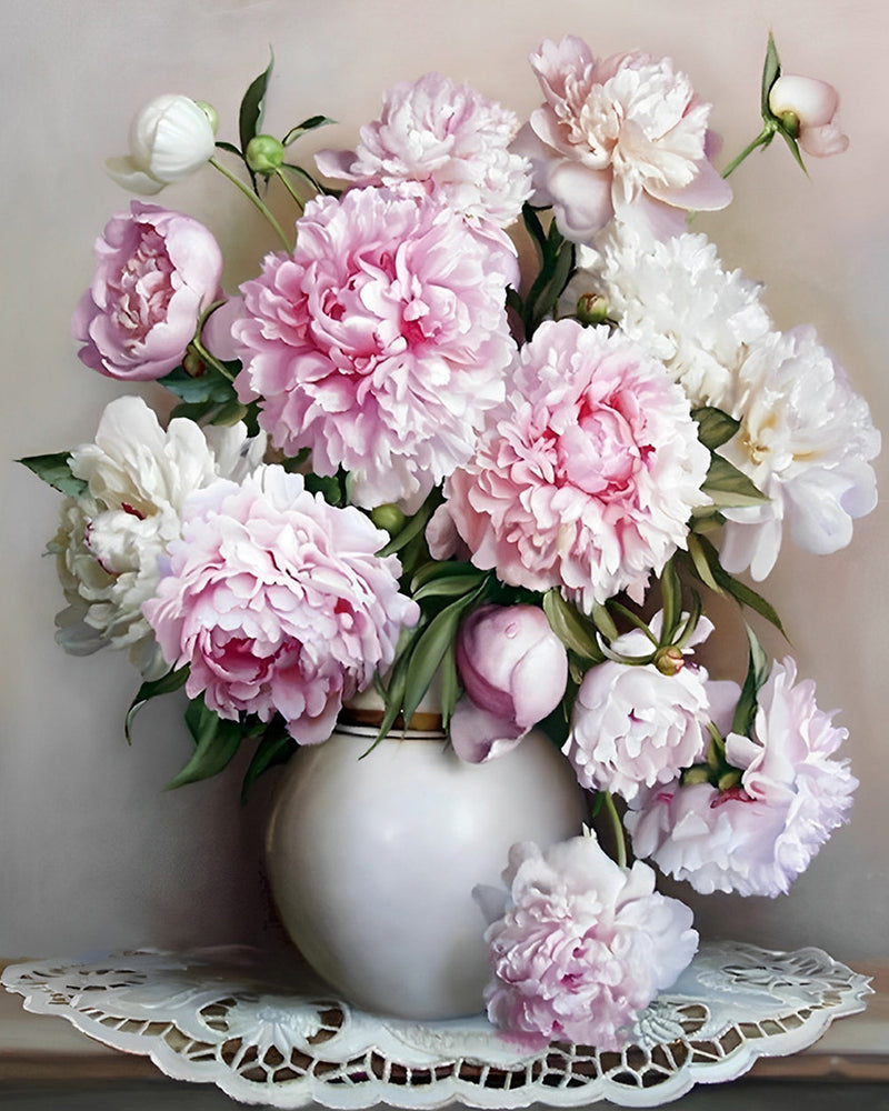 Weiße und rosa Pfingstrosen Diamond Painting