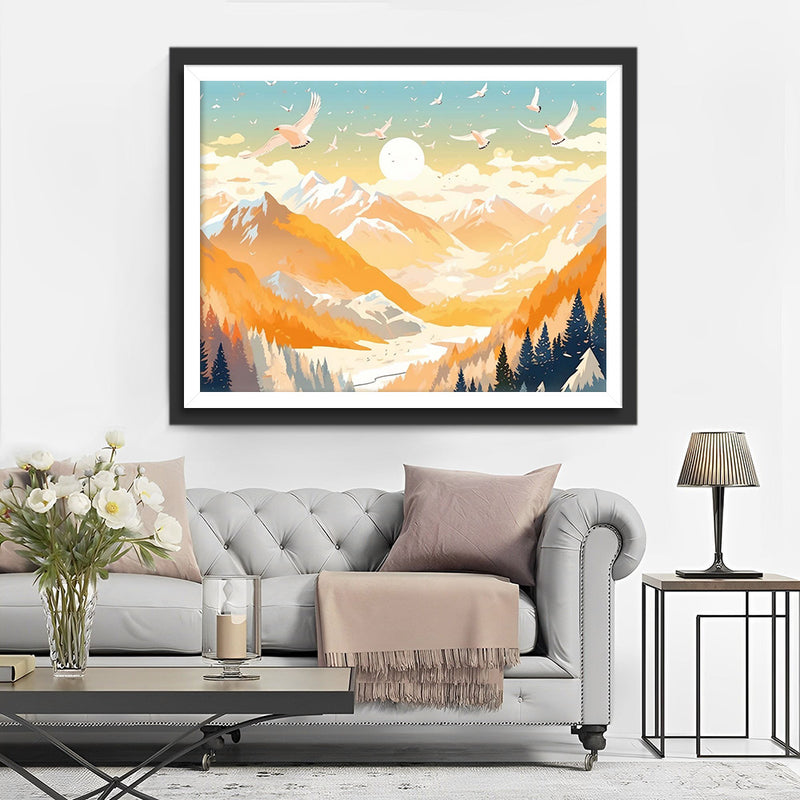 Weiße Vögel fliegen über hohe Berge Diamond Painting