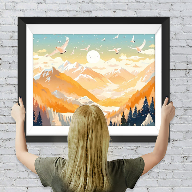 Weiße Vögel fliegen über hohe Berge Diamond Painting