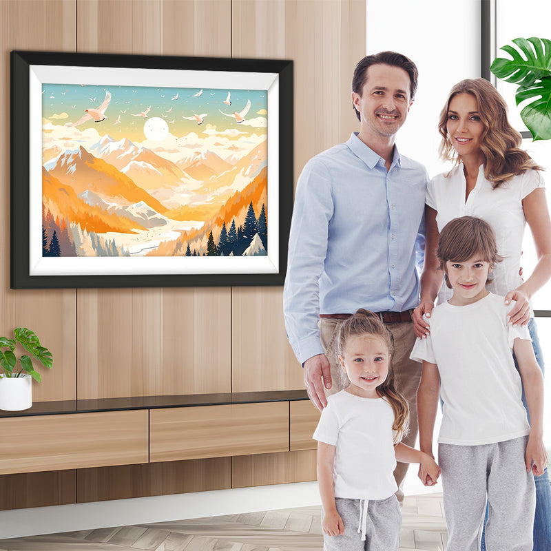 Weiße Vögel fliegen über hohe Berge Diamond Painting