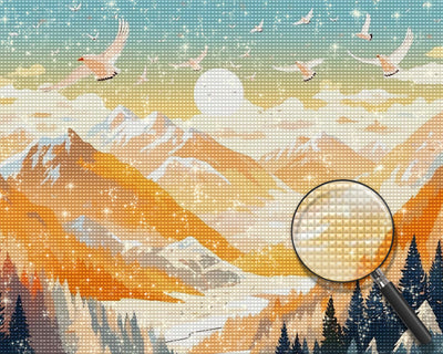 Weiße Vögel fliegen über hohe Berge Diamond Painting