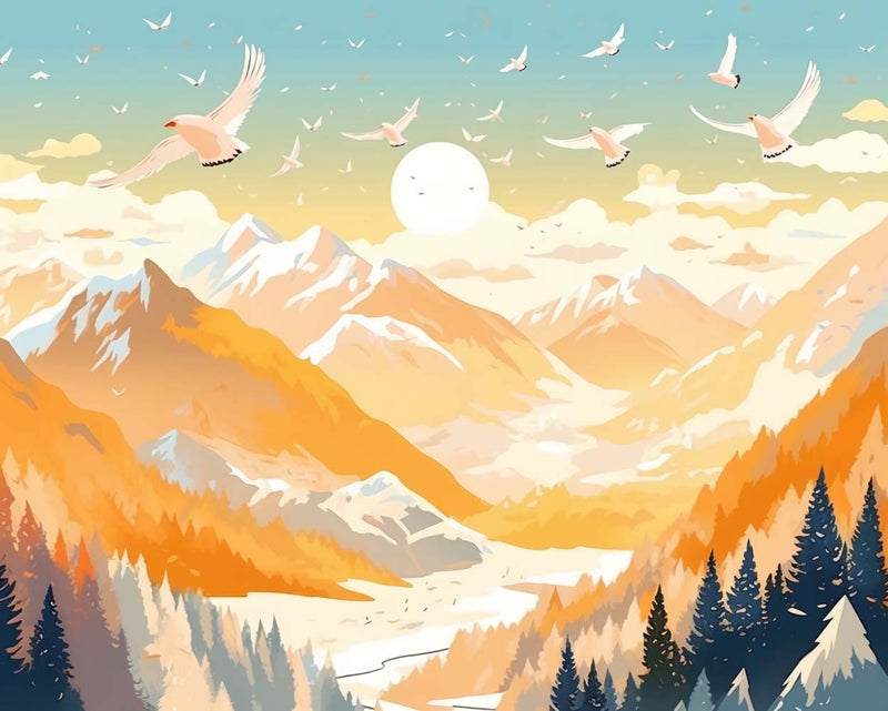 Weiße Vögel fliegen über hohe Berge Diamond Painting