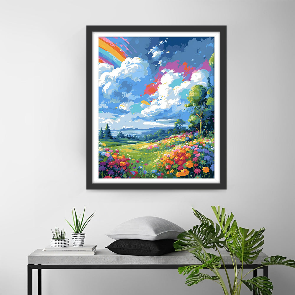 Weiße Wolken, Regenbogen und Blumen Diamond Painting