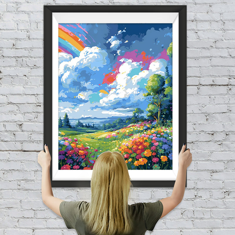 Weiße Wolken, Regenbogen und Blumen Diamond Painting
