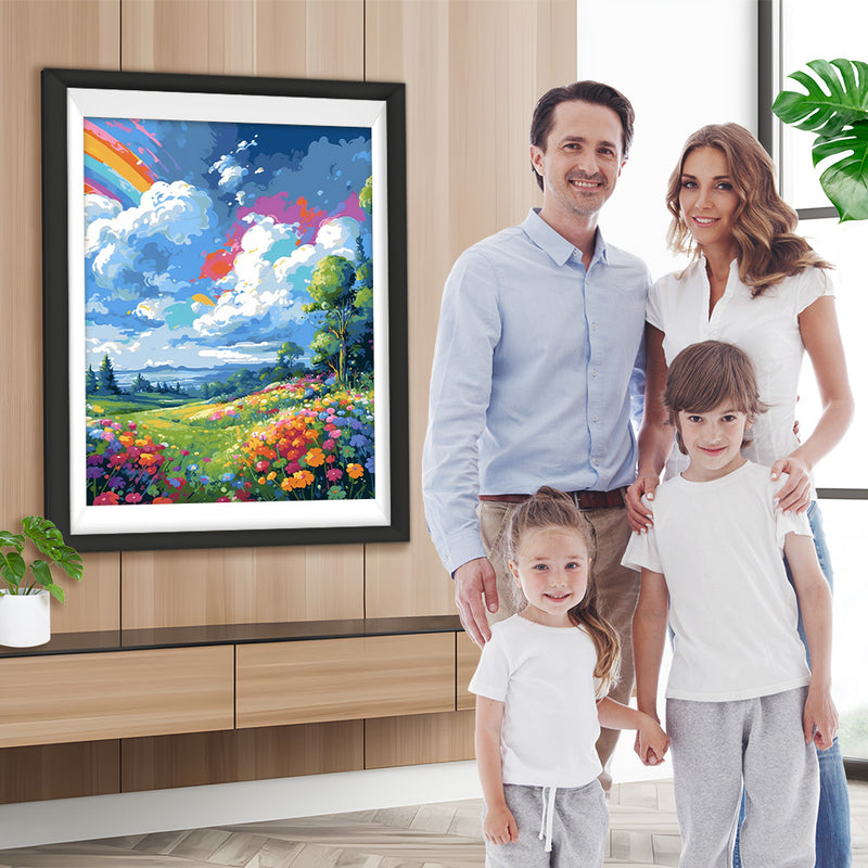 Weiße Wolken, Regenbogen und Blumen Diamond Painting