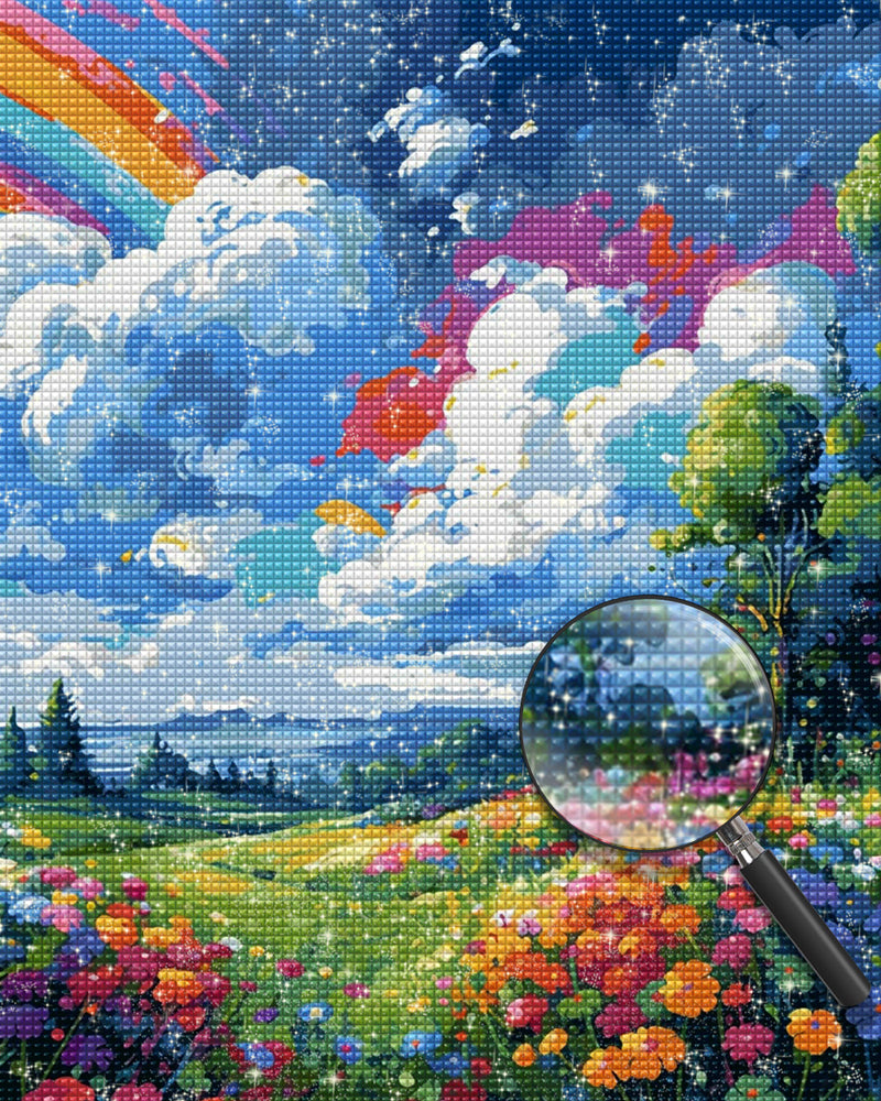 Weiße Wolken, Regenbogen und Blumen Diamond Painting