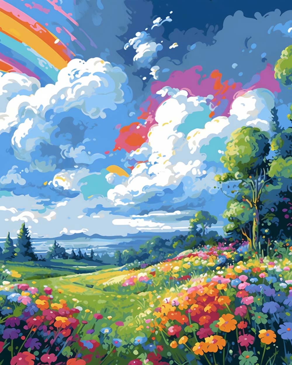 Weiße Wolken, Regenbogen und Blumen Diamond Painting