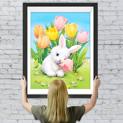 Weißer Hase und Tulpen Diamond Painting