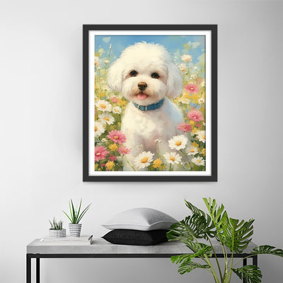 Weißer Hund auf dem Blumenfeld Diamond Painting