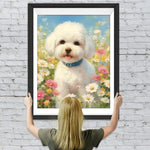 Weißer Hund auf dem Blumenfeld Diamond Painting