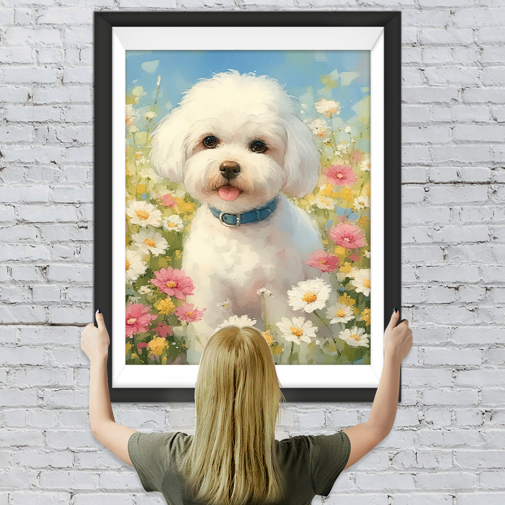 Weißer Hund auf dem Blumenfeld Diamond Painting