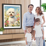 Weißer Hund auf dem Blumenfeld Diamond Painting