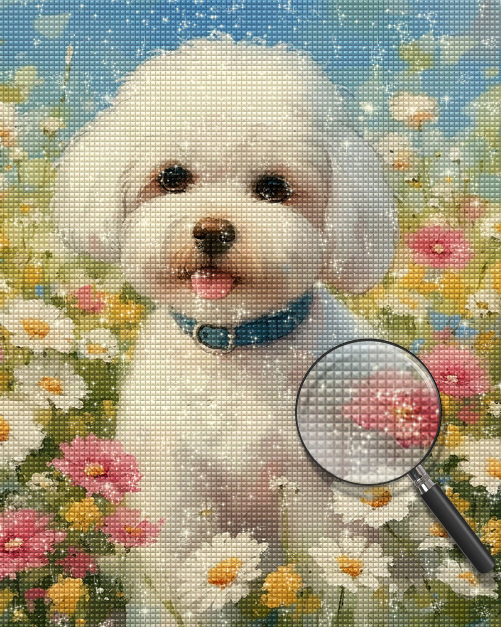 Weißer Hund auf dem Blumenfeld Diamond Painting