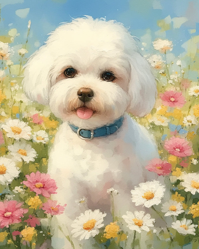 Weißer Hund auf dem Blumenfeld Diamond Painting
