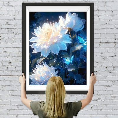 Weißer Lotus und Blaue Schmetterlinge Diamond Painting