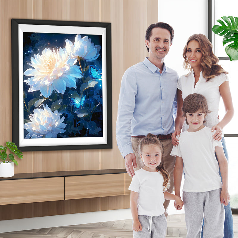 Weißer Lotus und Blaue Schmetterlinge Diamond Painting