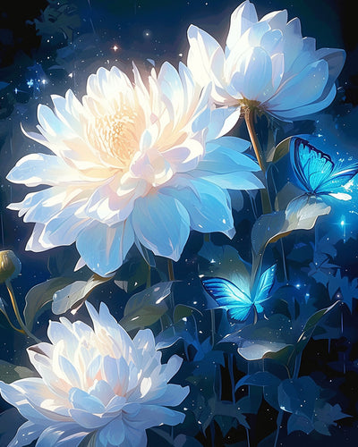 Weißer Lotus und Blaue Schmetterlinge Diamond Painting