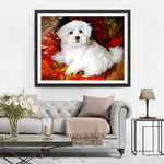 Weißer Malteser unter roten Ahornblättern Diamond Painting